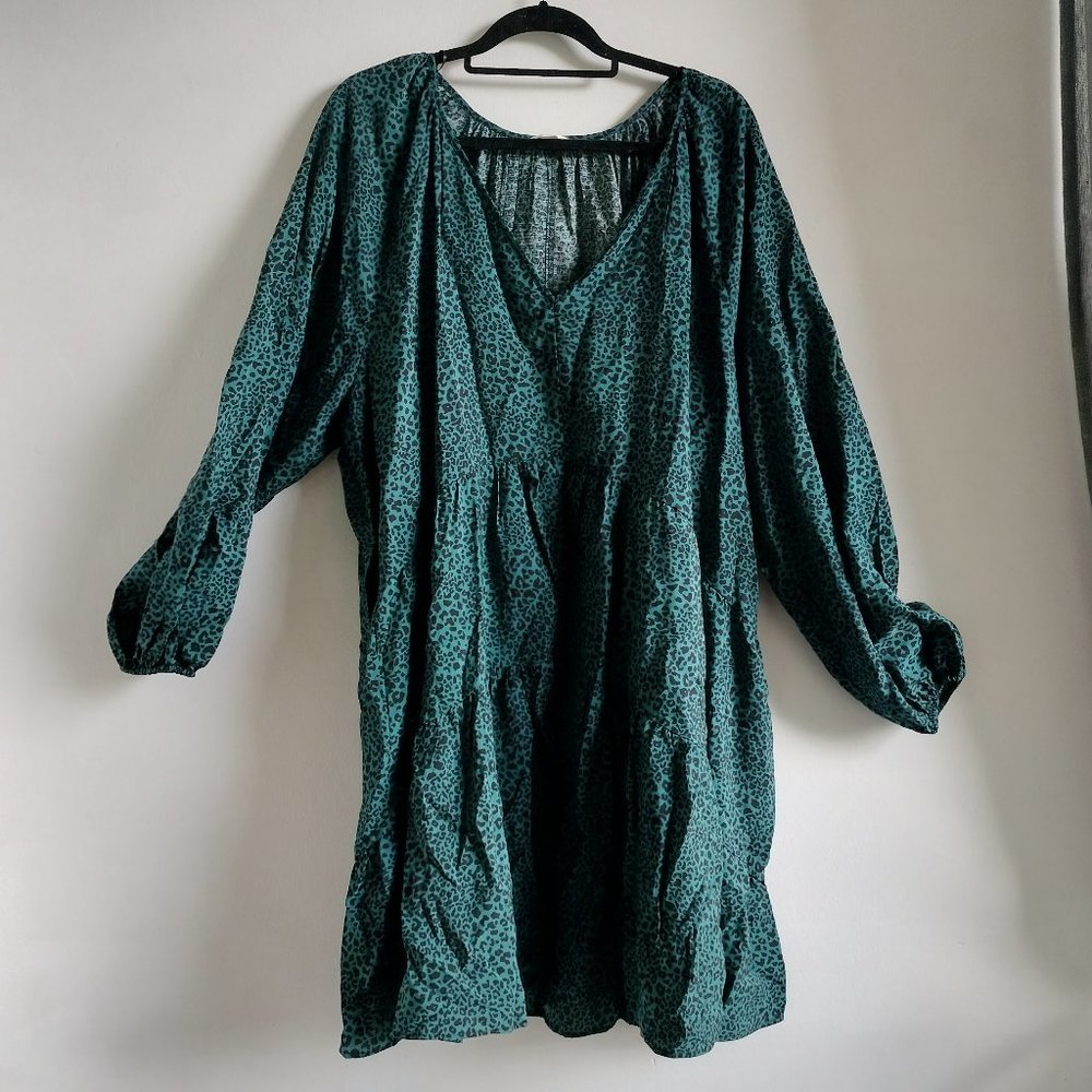 Terra & Sky Teal Leopard Print Bubble Long Sleeve Dress